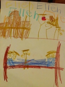 Ellen drew the Grandparents squished in their bed, with the factory looming outside