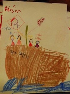 Roisin was so excited about the Sea Gypsy pirate ship she was on the day before. The boat was so big it takes the whole page. There is a sail they each wrote their names on, and Roisin, Layla, Ava and Sadbh on deck. 